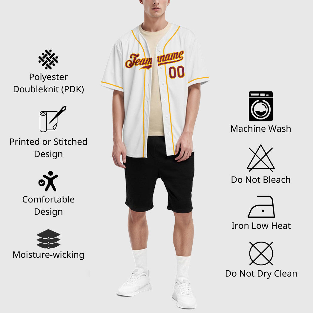 Custom White Crimson Crimson-Gold Sleeve Baseball Jersey