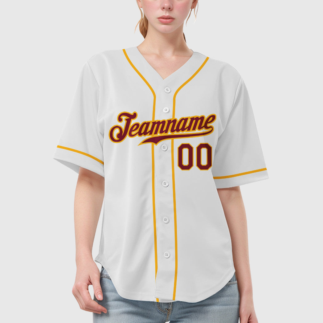 Custom White Crimson Crimson-Gold Sleeve Baseball Jersey