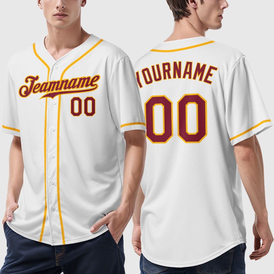 Custom White Crimson Crimson-Gold Sleeve Baseball Jersey