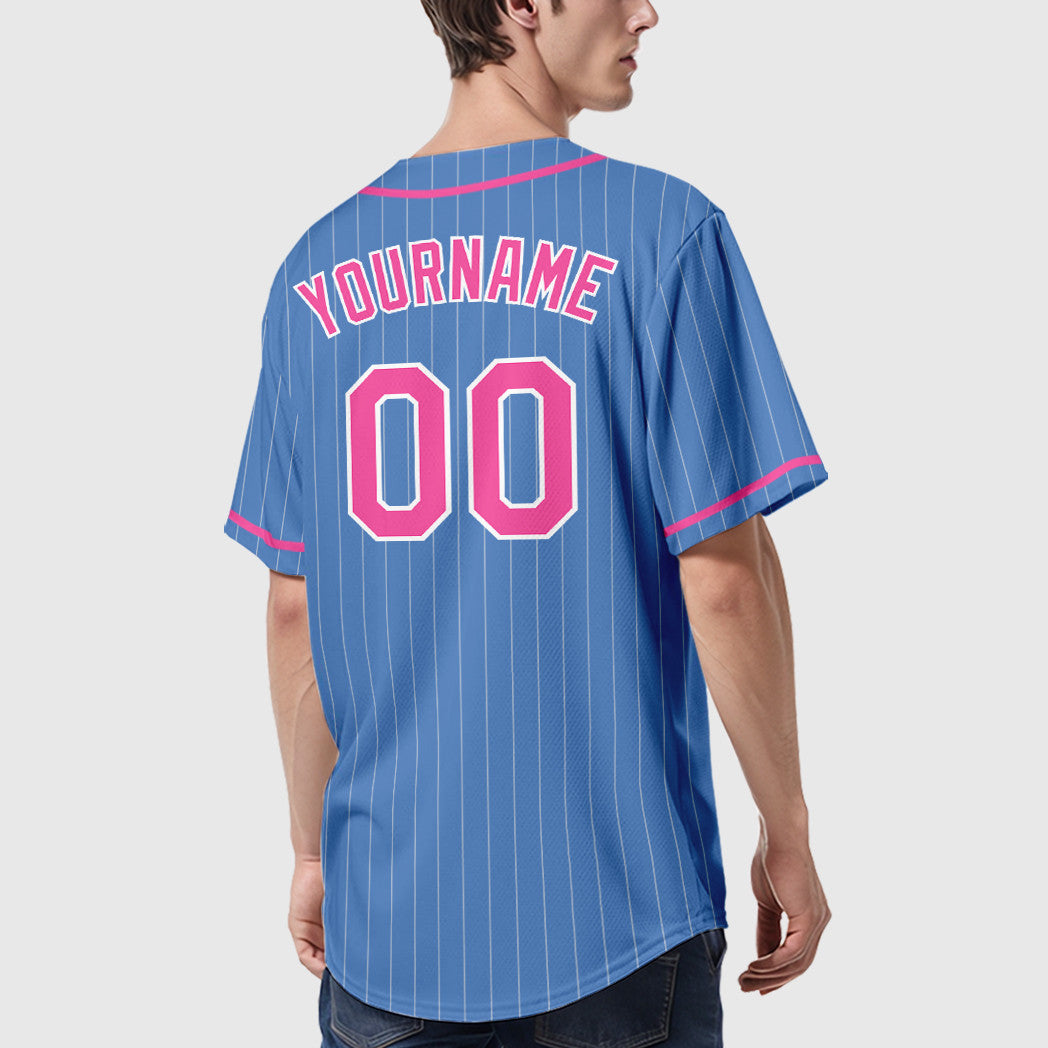 Custom Powder Blue White Pink Piping Pinstripe Baseball Jersey