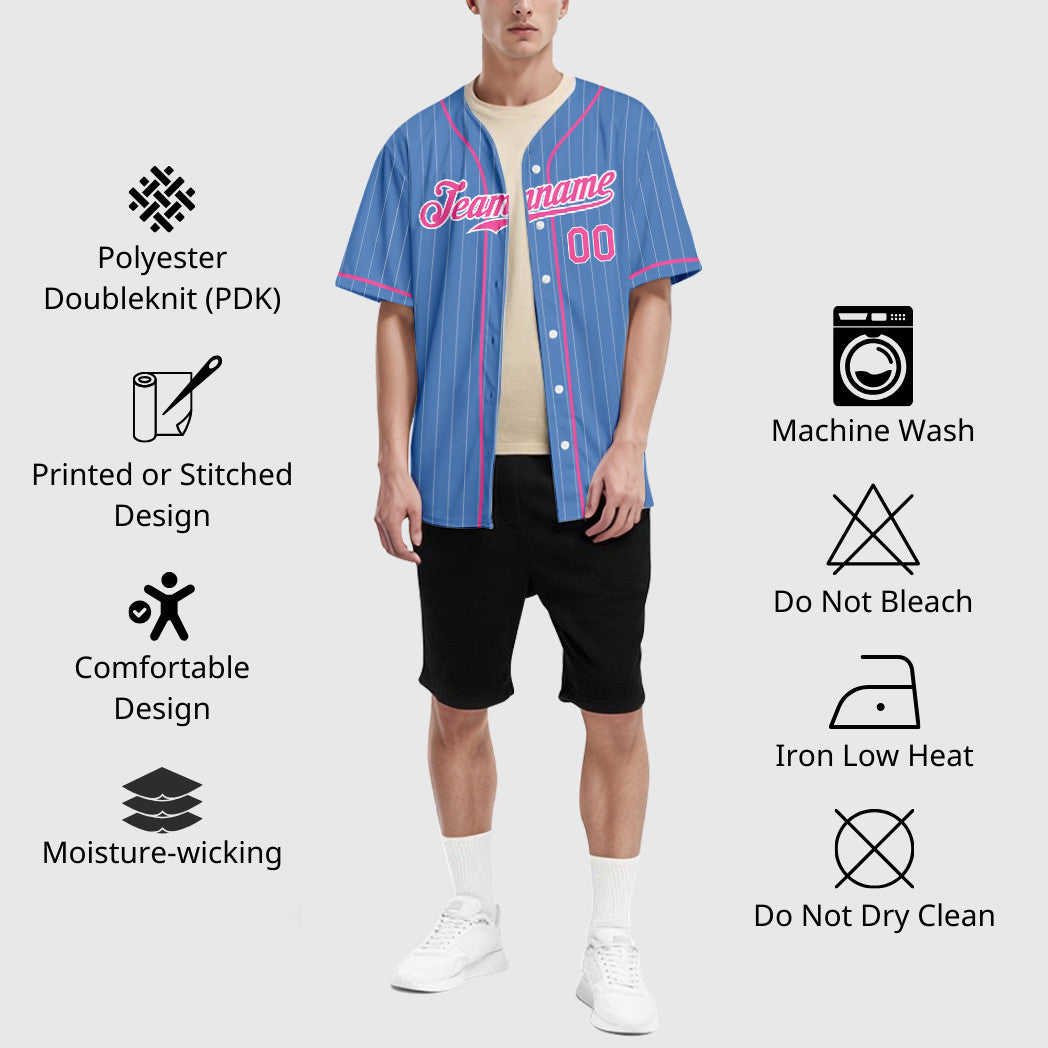 Custom Powder Blue White Pink Piping Pinstripe Baseball Jersey
