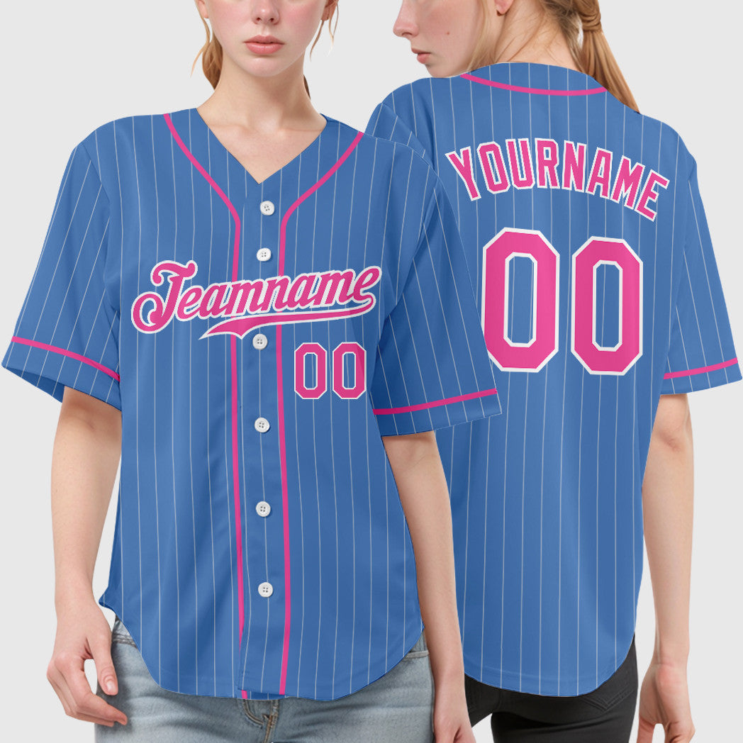 Custom Powder Blue White Pink Piping Pinstripe Baseball Jersey