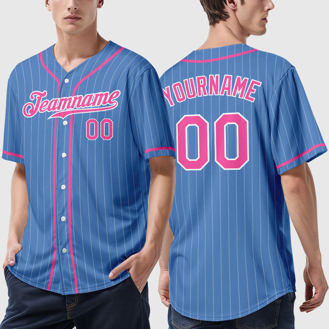 Custom Powder Blue White Pink Piping Pinstripe Baseball Jersey