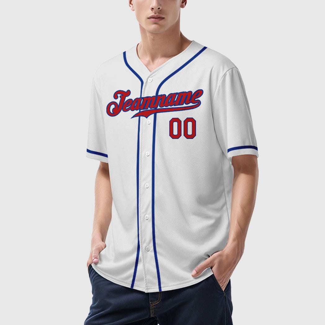 Custom White Red Red-Royal Sleeve Baseball Jersey