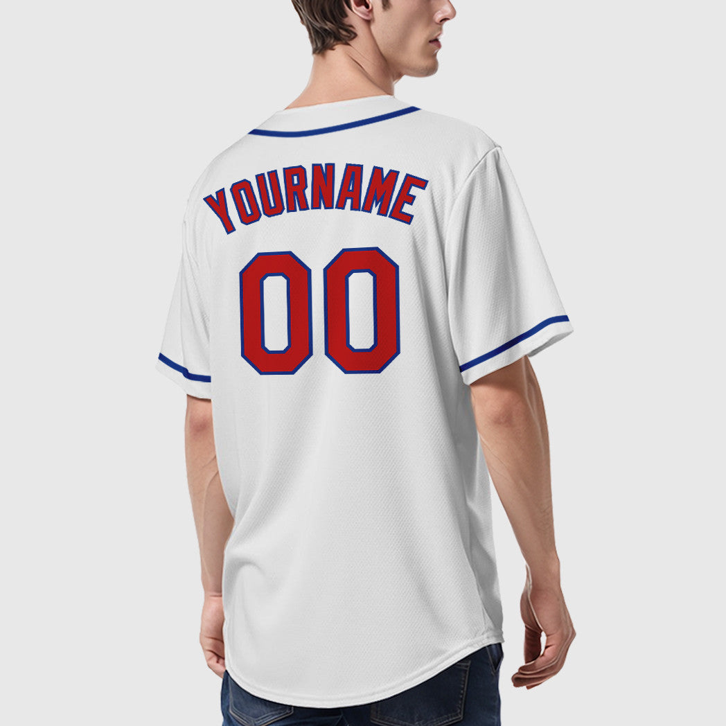 Custom White Red Red-Royal Sleeve Baseball Jersey
