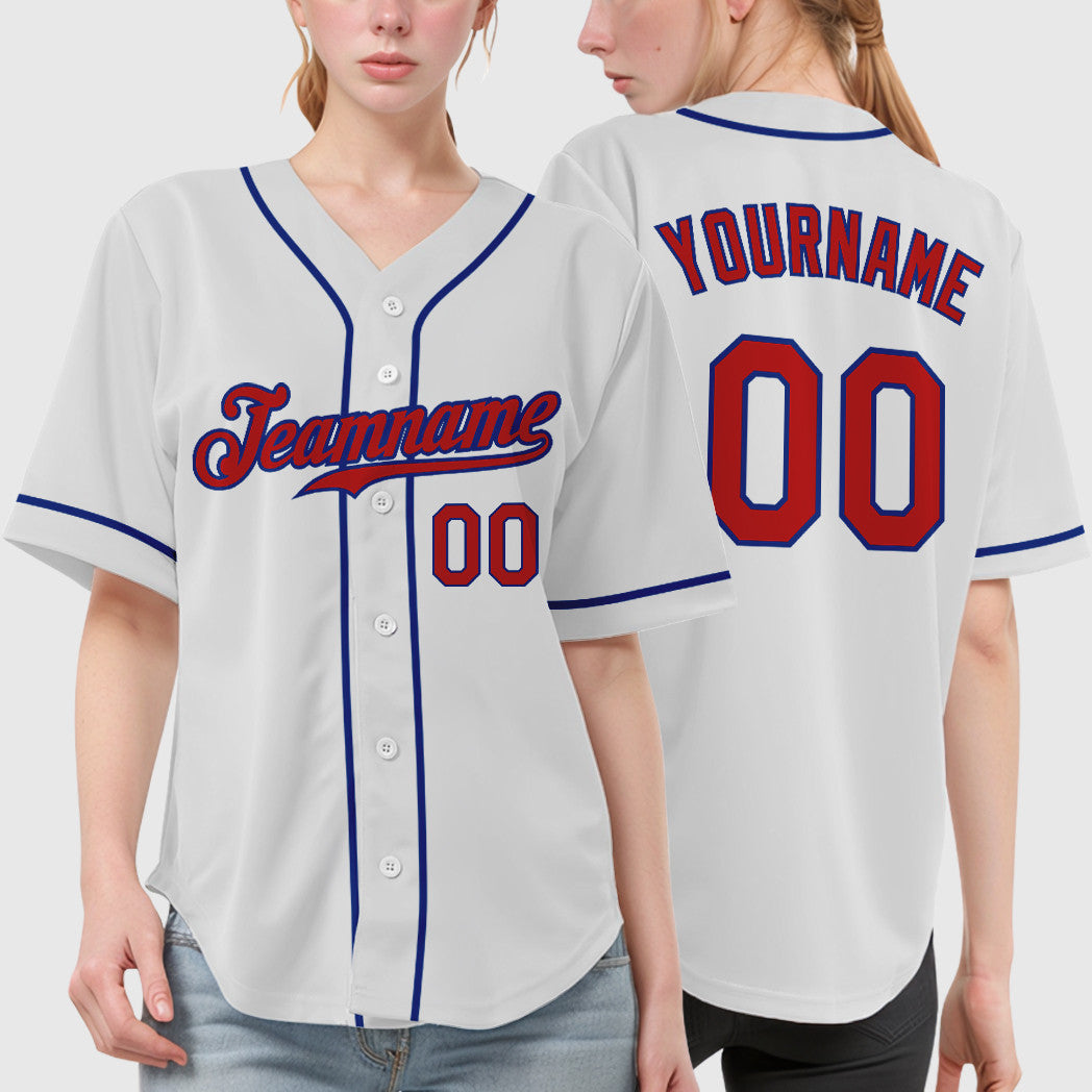 Custom White Red Red-Royal Sleeve Baseball Jersey