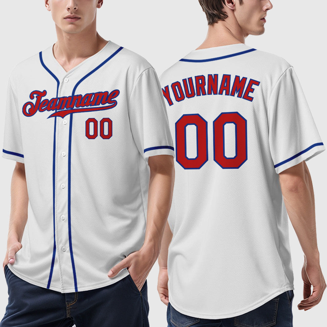 Custom White Red Red-Royal Sleeve Baseball Jersey