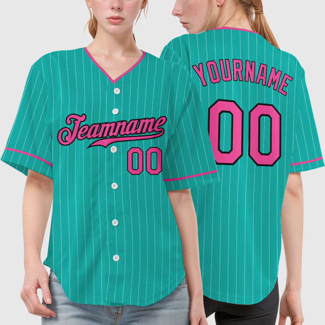 Custom Aqua White Pink-Black Pinstripe Baseball Jersey