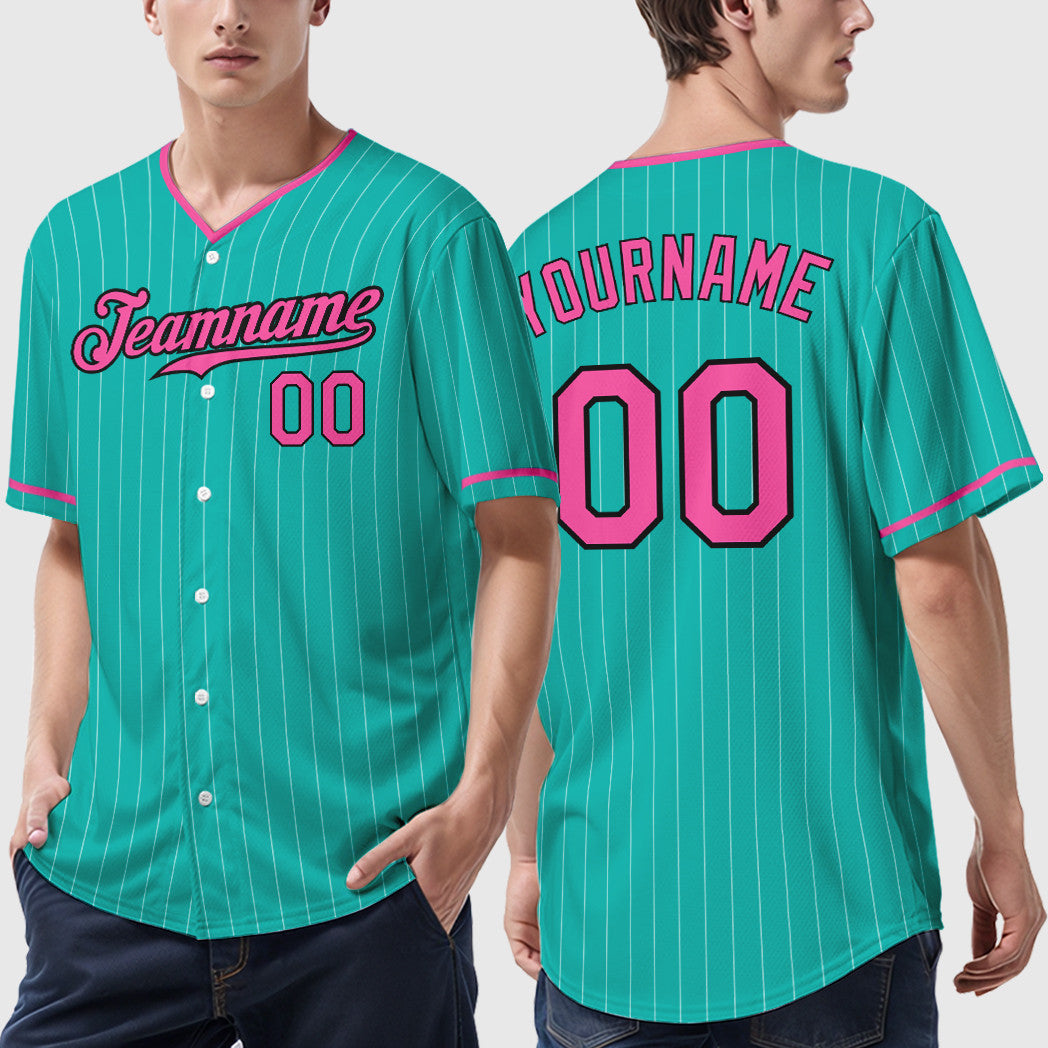 Custom Aqua White Pink-Black Pinstripe Baseball Jersey