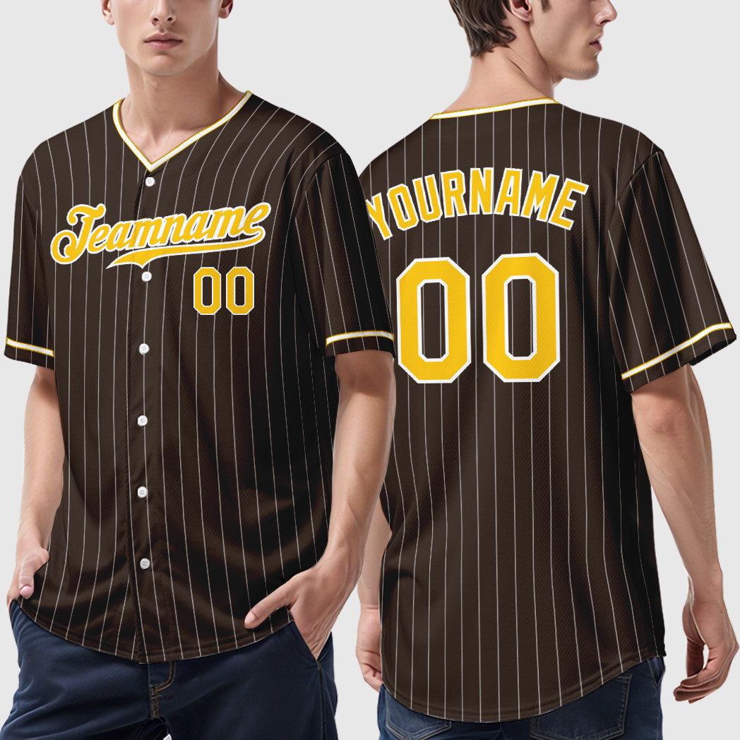Custom Brown White Gold Pinstripe Baseball Jersey