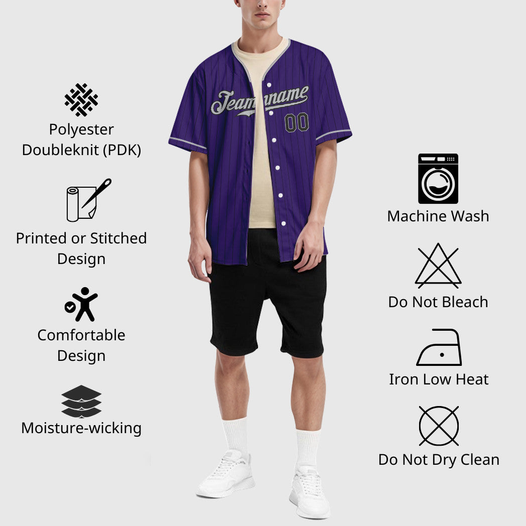 Custom Purple Black Gray Pinstripe Baseball Jersey