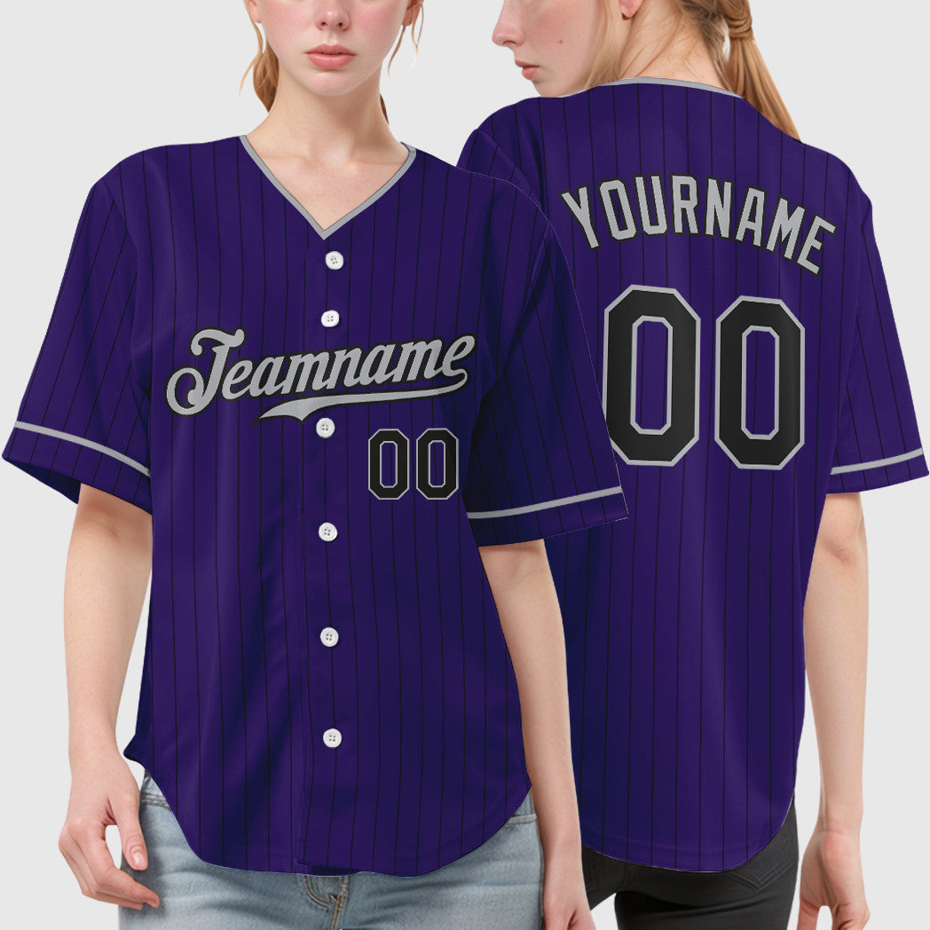 Custom Purple Black Gray Pinstripe Baseball Jersey