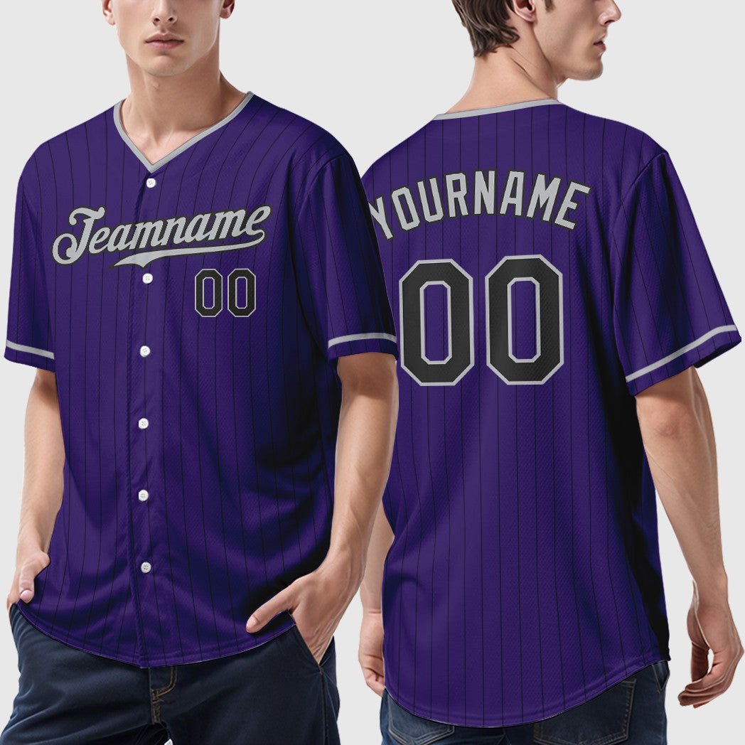 Custom Purple Black Gray Pinstripe Baseball Jersey