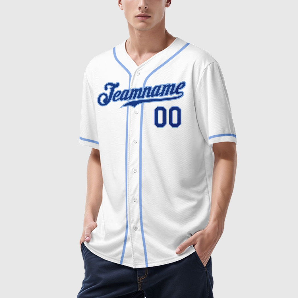 Custom White Royal Royal-Light Blue Sleeve Baseball Jersey