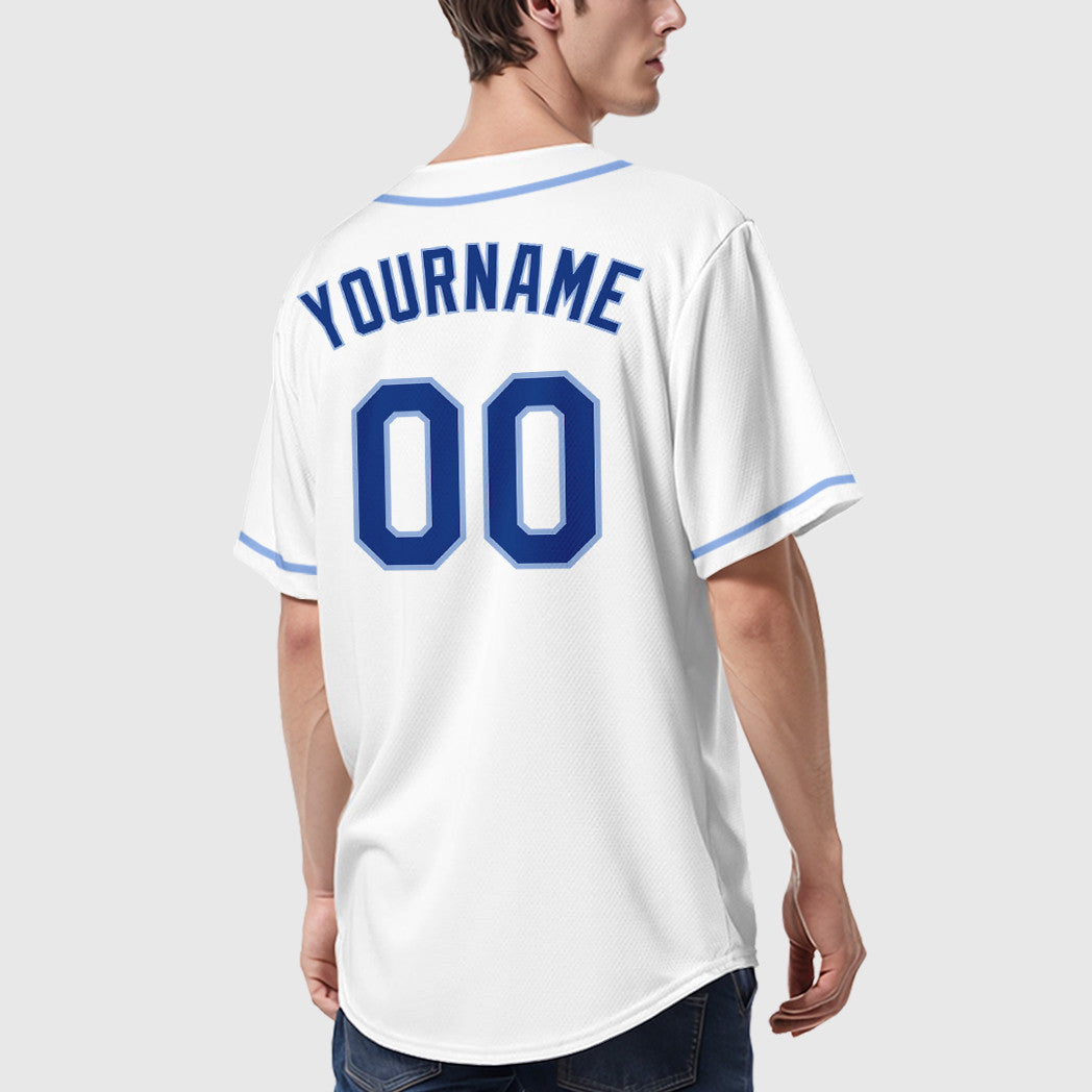 Custom White Royal Royal-Light Blue Sleeve Baseball Jersey