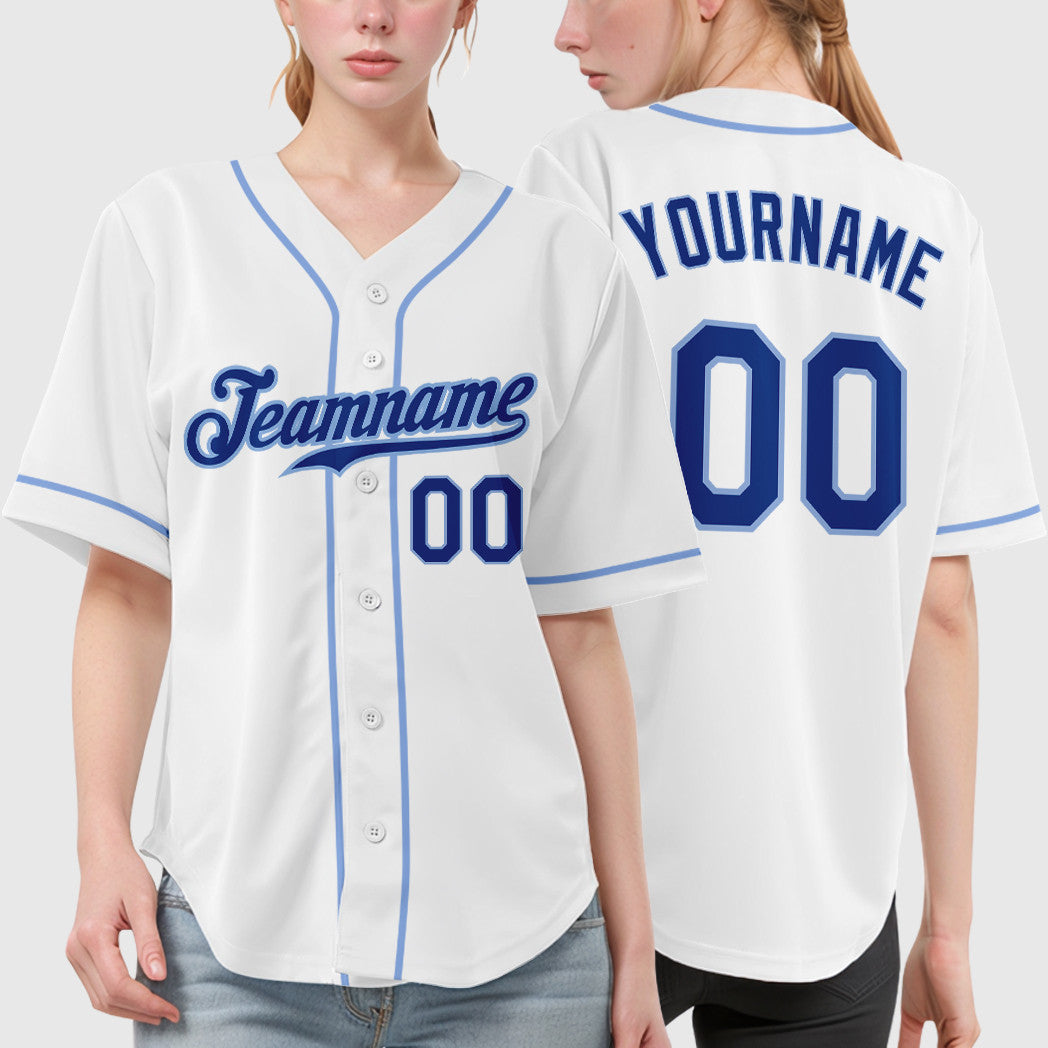 Custom White Royal Royal-Light Blue Sleeve Baseball Jersey