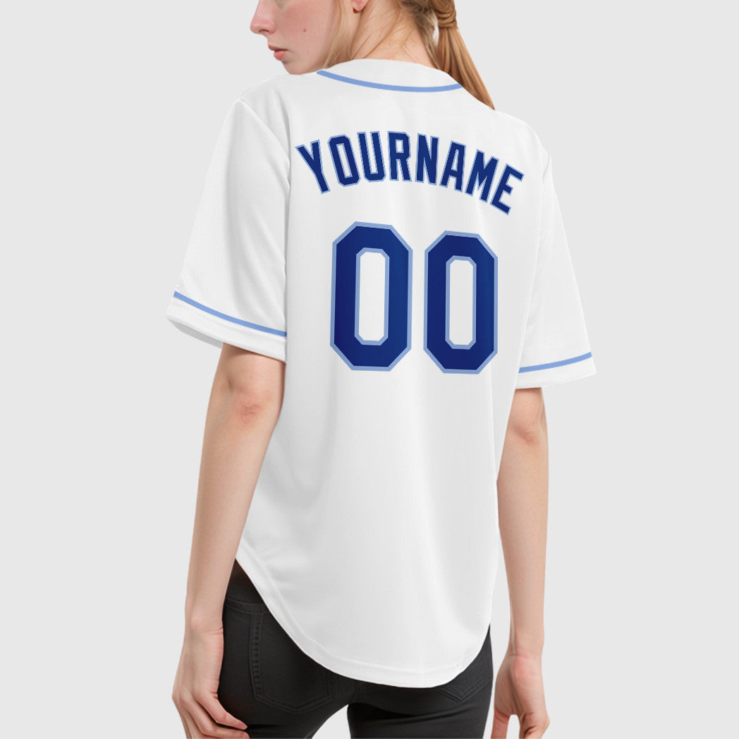 Custom White Royal Royal-Light Blue Sleeve Baseball Jersey