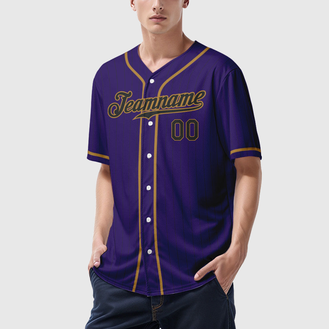 Custom Purple Black Black-Old Gold Piping Pinstripe Baseball Jersey