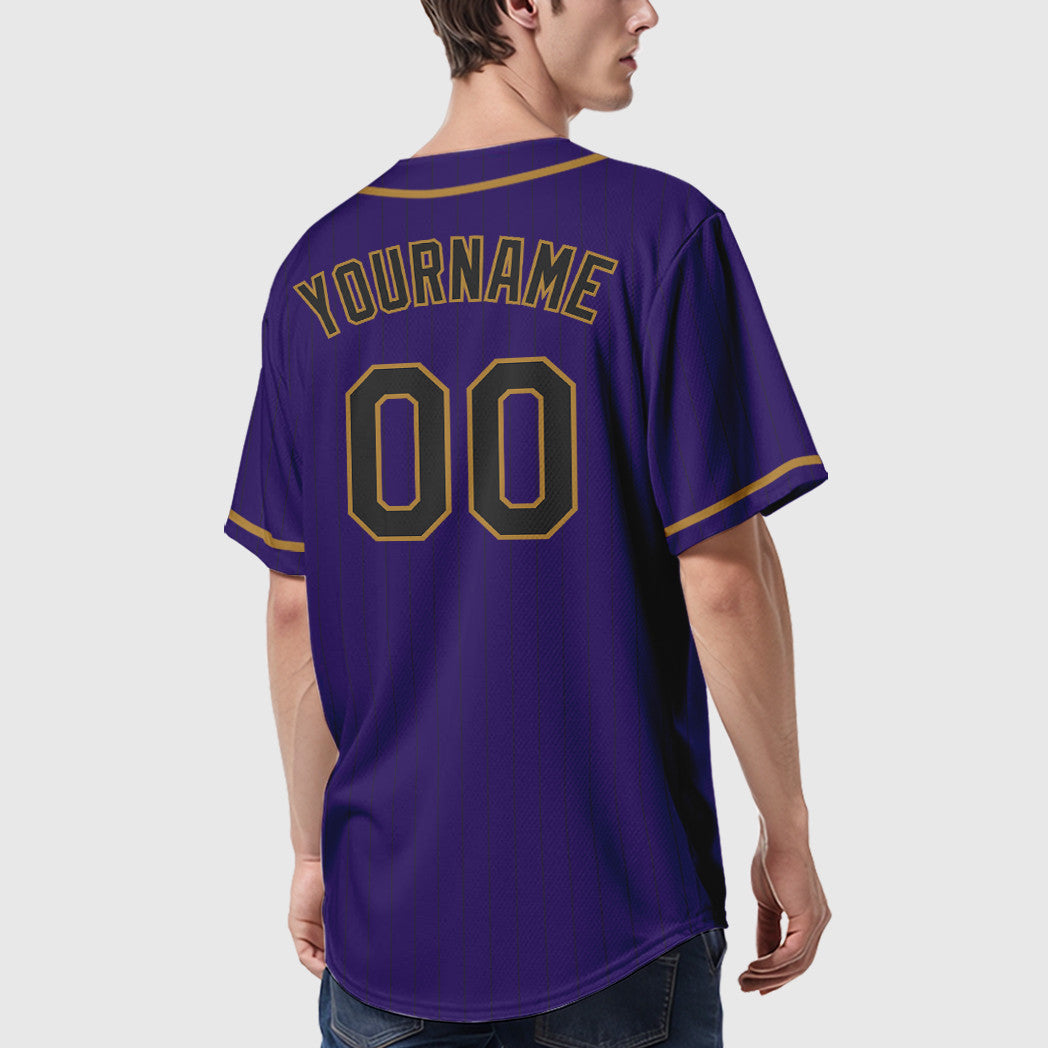 Custom Purple Black Black-Old Gold Piping Pinstripe Baseball Jersey