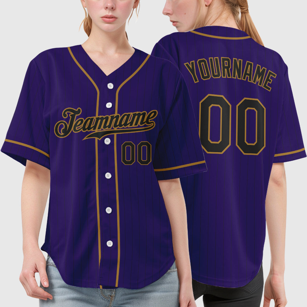 Custom Purple Black Black-Old Gold Piping Pinstripe Baseball Jersey