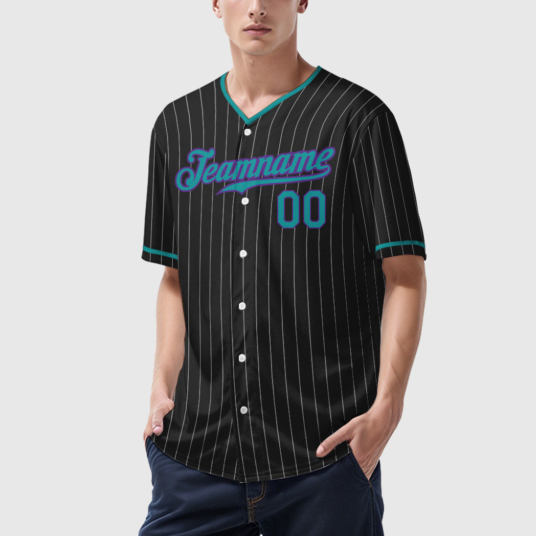 Custom Black White Teal-Purple Pinstripe Baseball Jersey