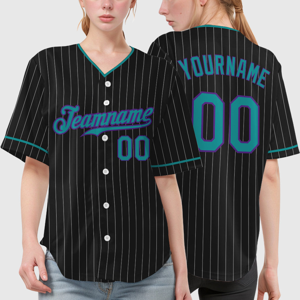 Custom Black White Teal-Purple Pinstripe Baseball Jersey