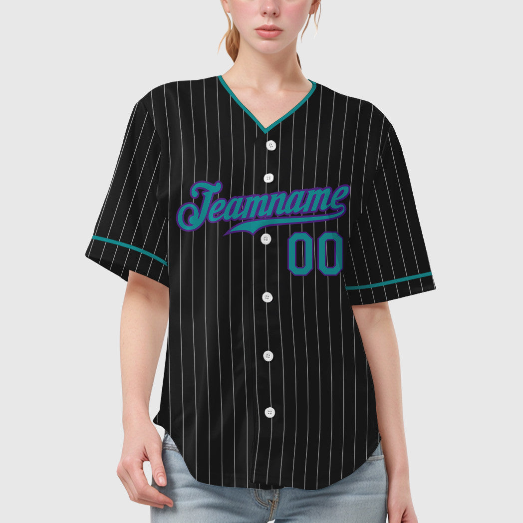 Custom Black White Teal-Purple Pinstripe Baseball Jersey