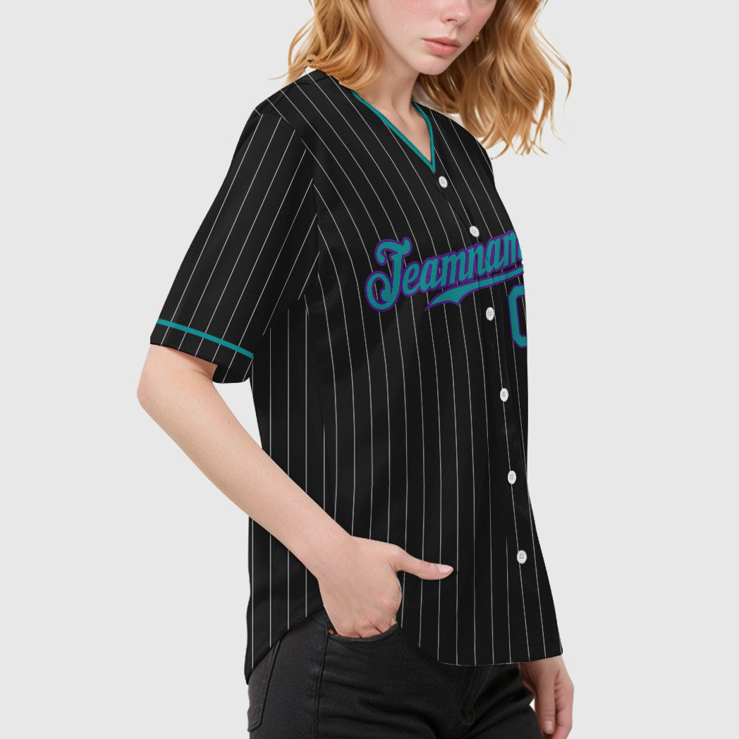 Custom Black White Teal-Purple Pinstripe Baseball Jersey