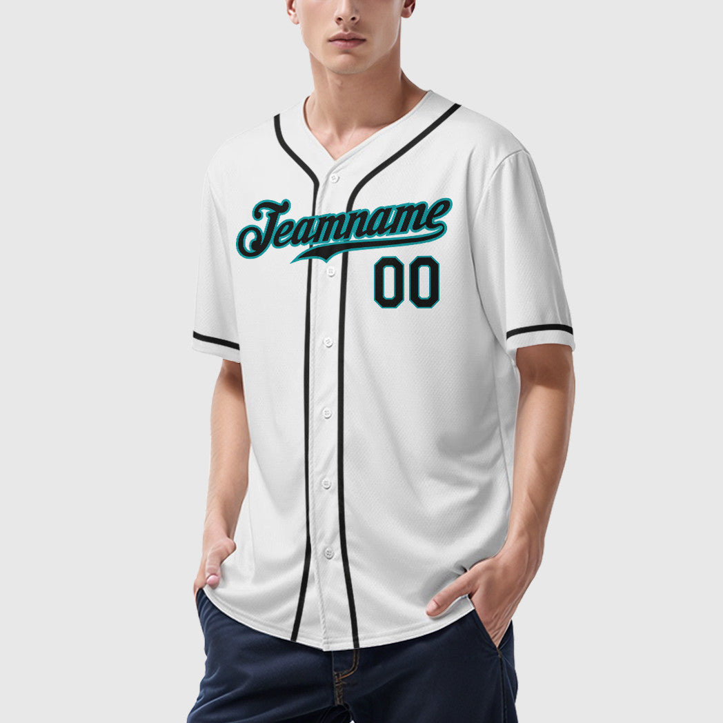 Custom White Teal Black Sleeve Baseball Jersey