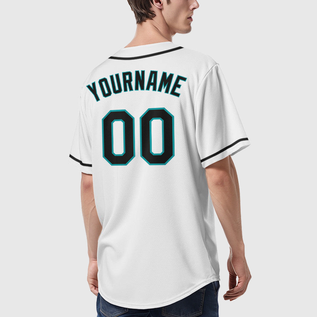 Custom White Teal Black Sleeve Baseball Jersey