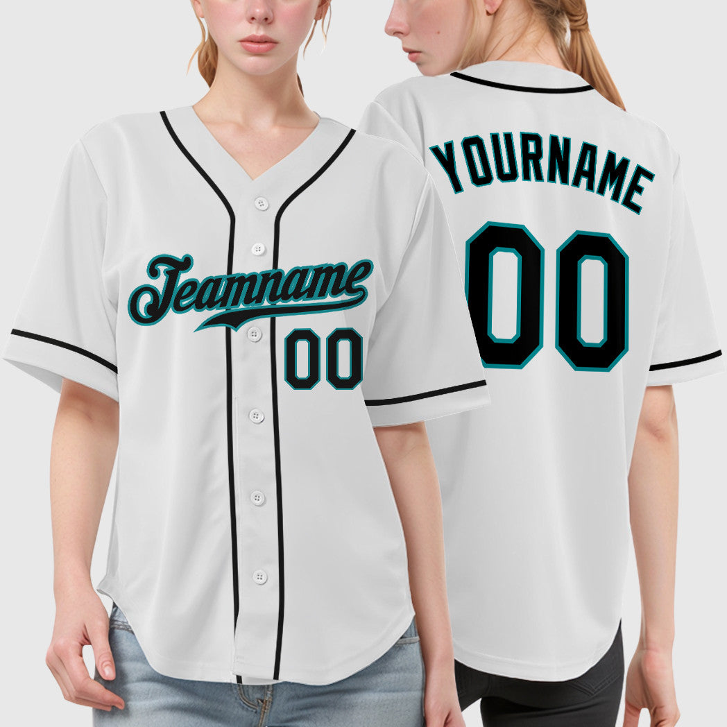 Custom White Teal Black Sleeve Baseball Jersey