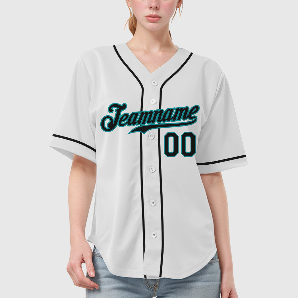 Custom White Teal Black Sleeve Baseball Jersey