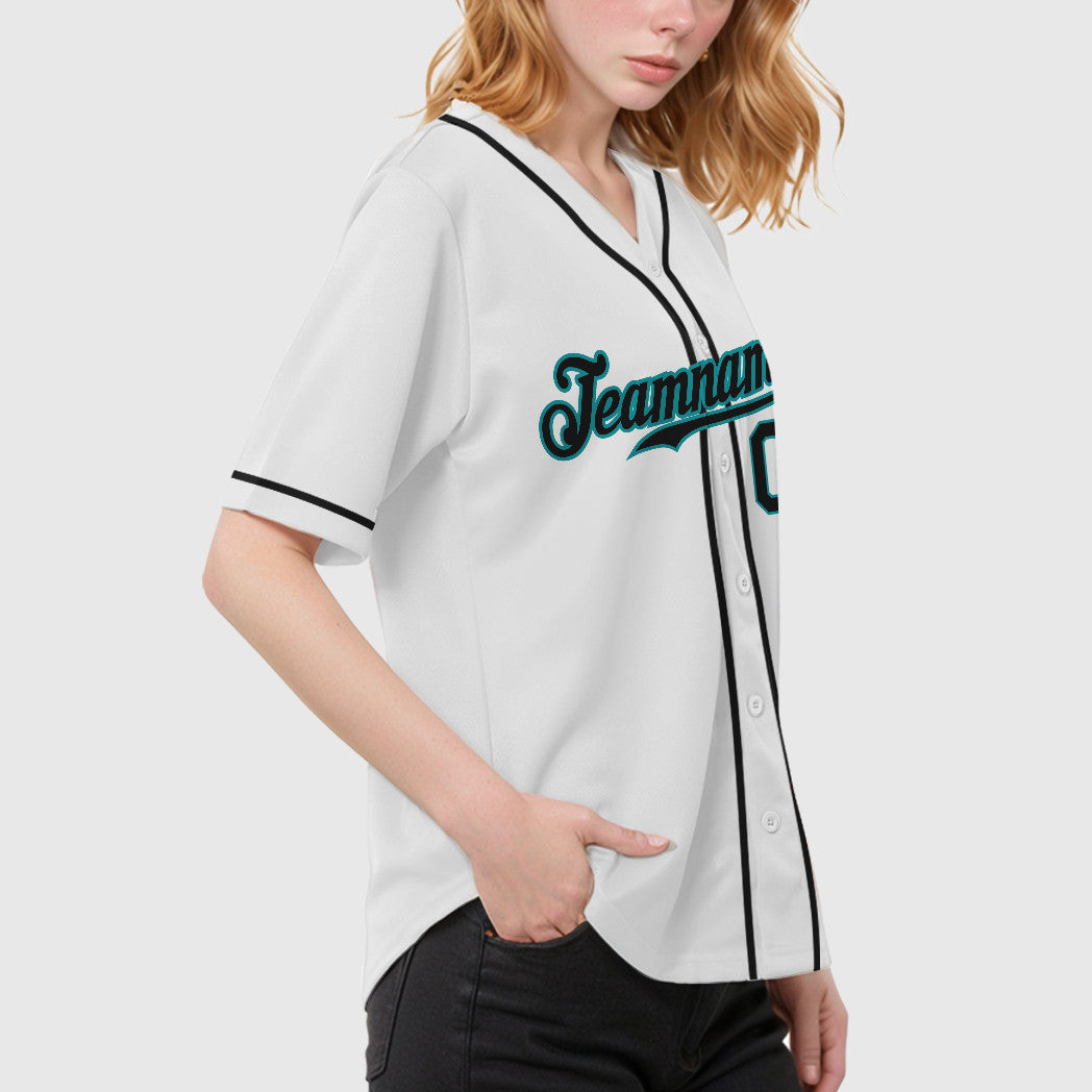 Custom White Teal Black Sleeve Baseball Jersey