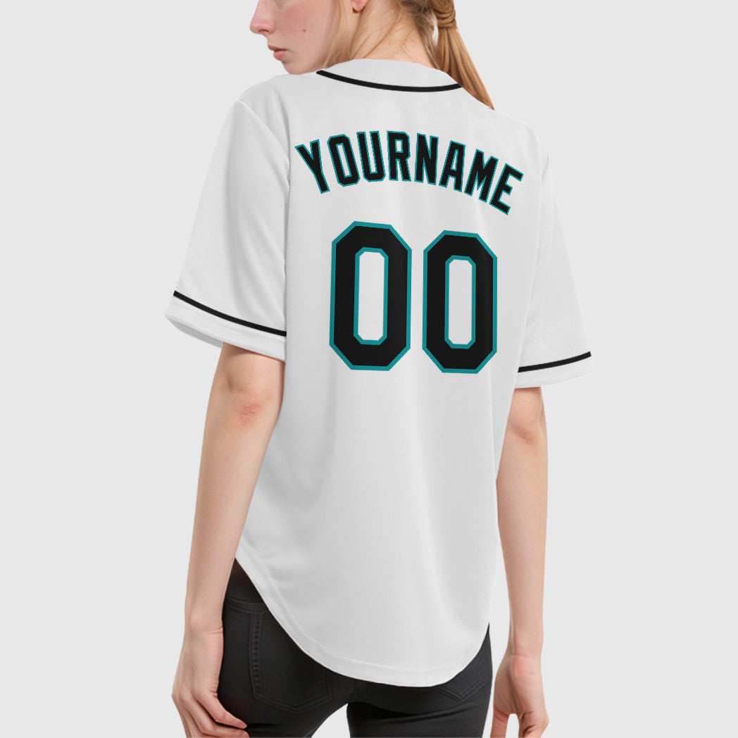 Custom White Teal Black Sleeve Baseball Jersey
