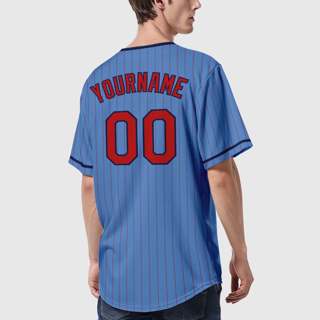 Custom Powder Blue Red Navy Pinstripe Baseball Jersey