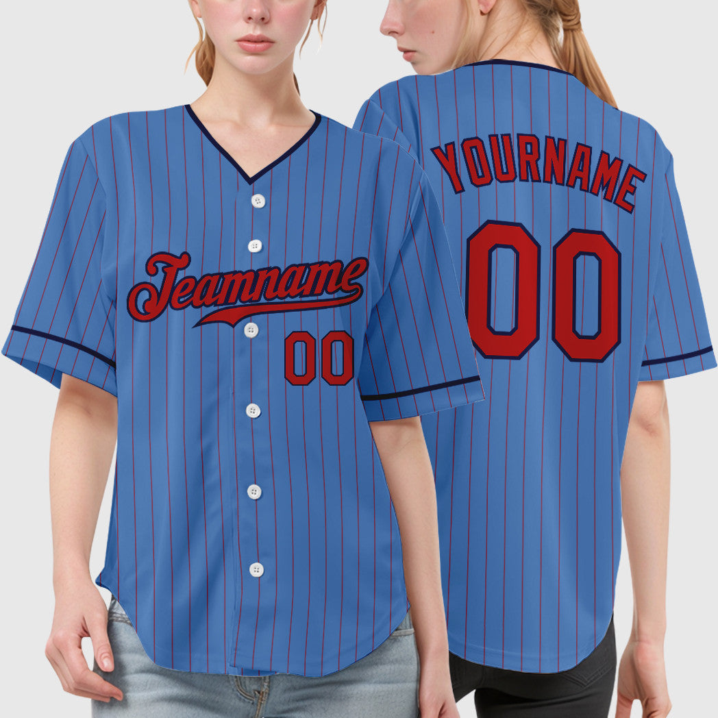 Custom Powder Blue Red Navy Pinstripe Baseball Jersey