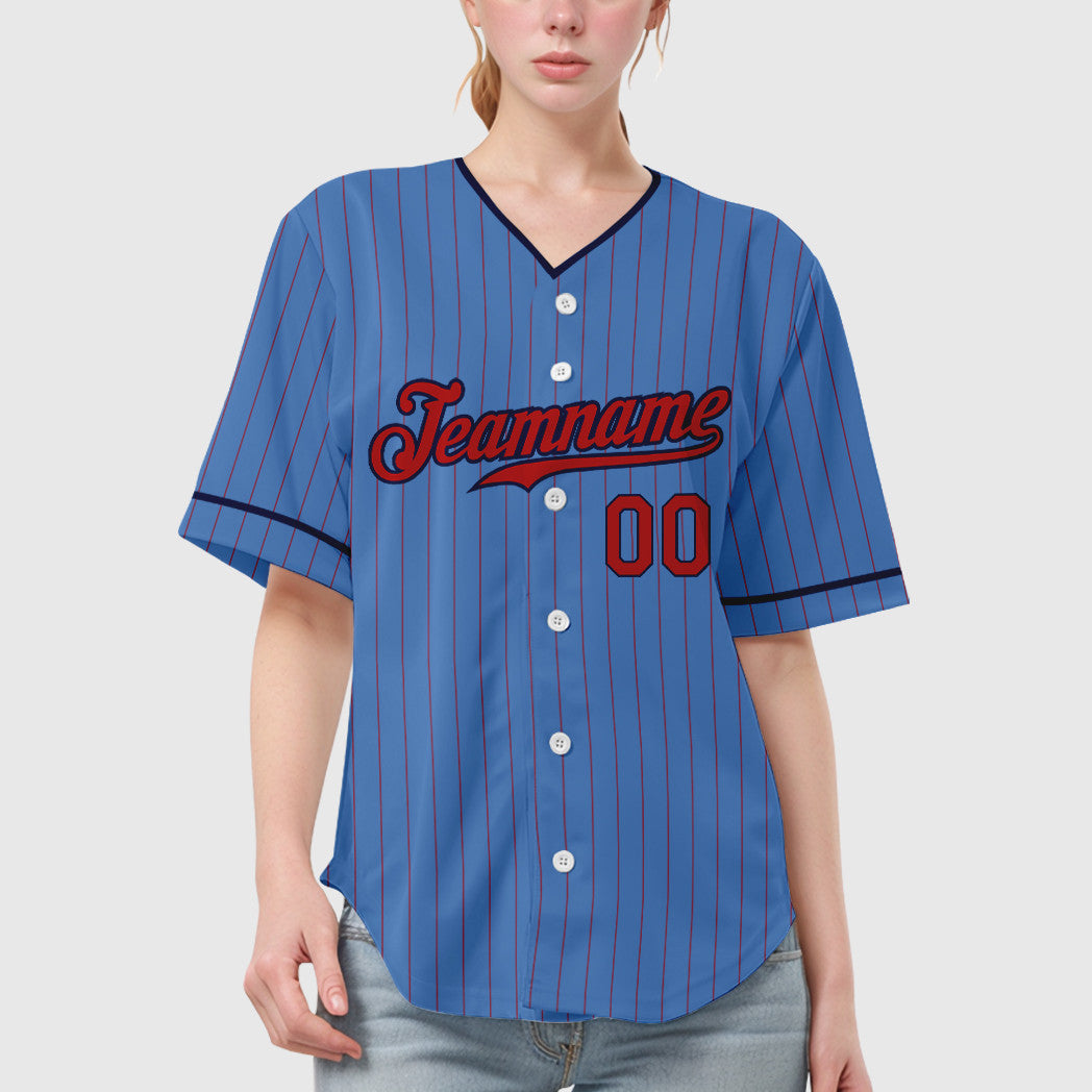 Custom Powder Blue Red Navy Pinstripe Baseball Jersey
