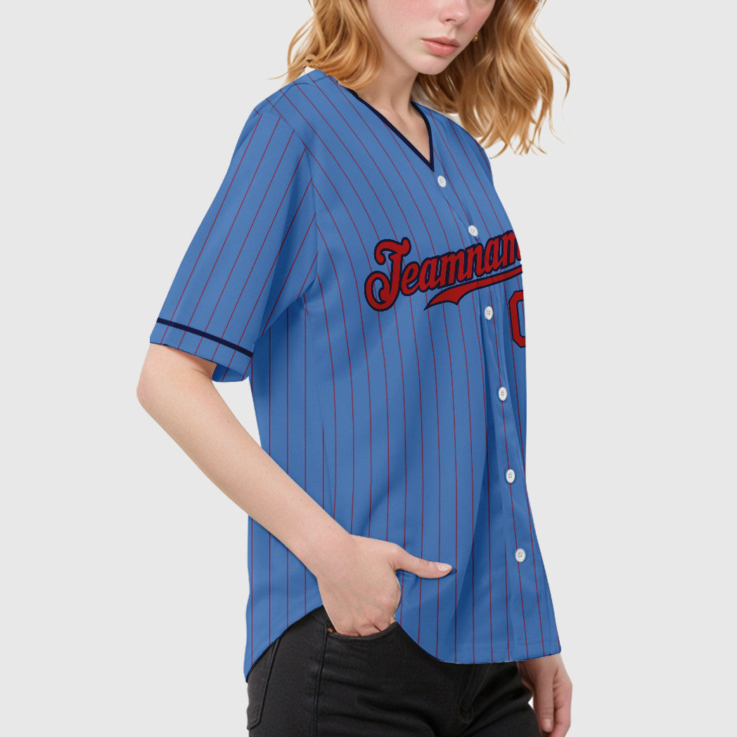 Custom Powder Blue Red Navy Pinstripe Baseball Jersey