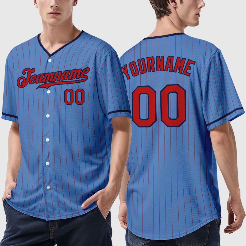 Custom Powder Blue Red Navy Pinstripe Baseball Jersey