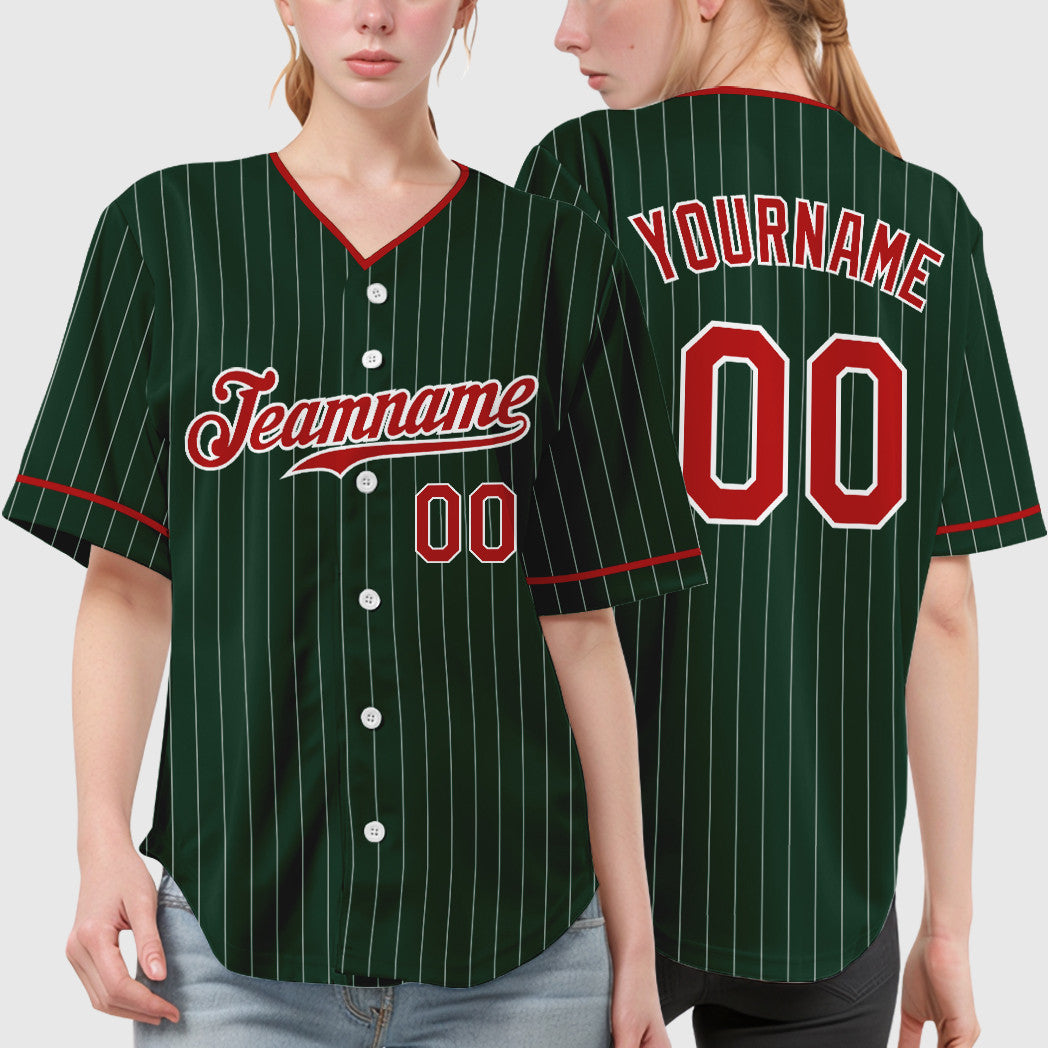 Custom Green White Red Pinstripe Baseball Jersey