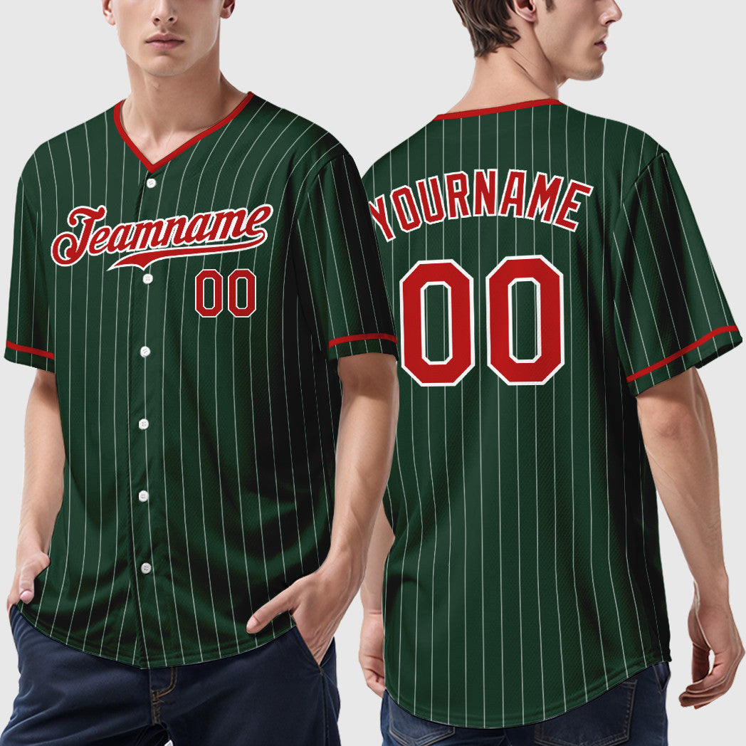 Custom Green White Red Pinstripe Baseball Jersey
