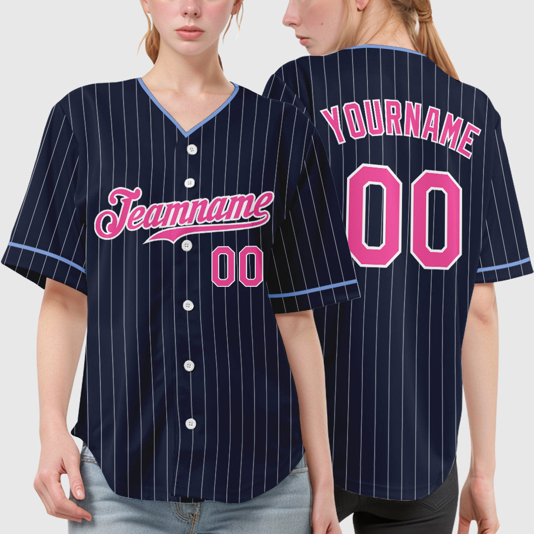Custom Navy White Pink Pinstripe Baseball Jersey