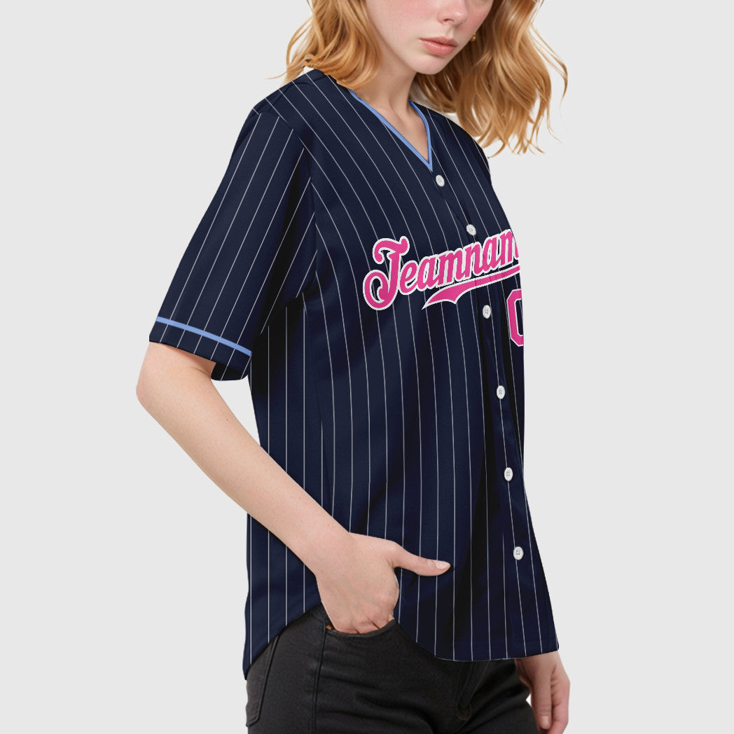 Custom Navy White Pink Pinstripe Baseball Jersey