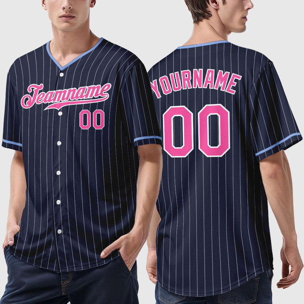 Custom Navy White Pink Pinstripe Baseball Jersey