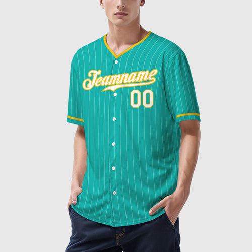 Custom Aqua White White-Yellow Pinstripe Baseball Jersey