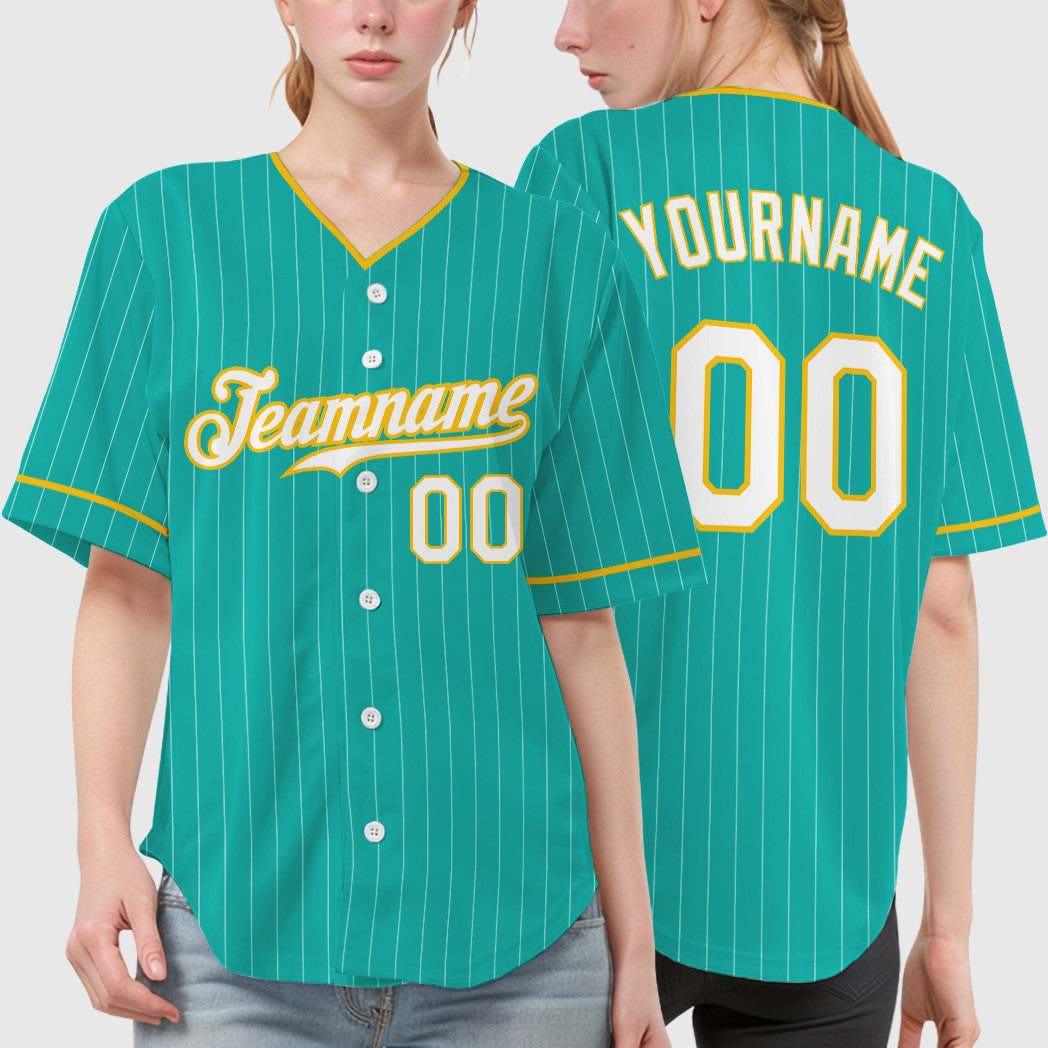 Custom Aqua White White-Yellow Pinstripe Baseball Jersey