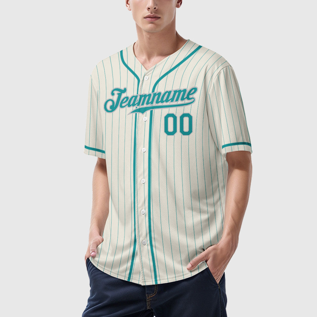 Custom Cream Teal Teal-Gray Piping Pinstripe Baseball Jersey