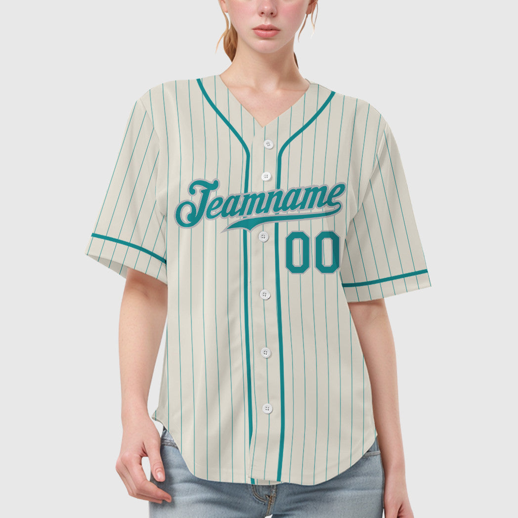 Custom Cream Teal Teal-Gray Piping Pinstripe Baseball Jersey