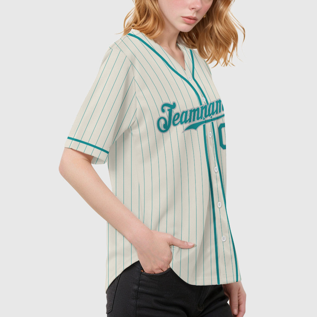 Custom Cream Teal Teal-Gray Piping Pinstripe Baseball Jersey