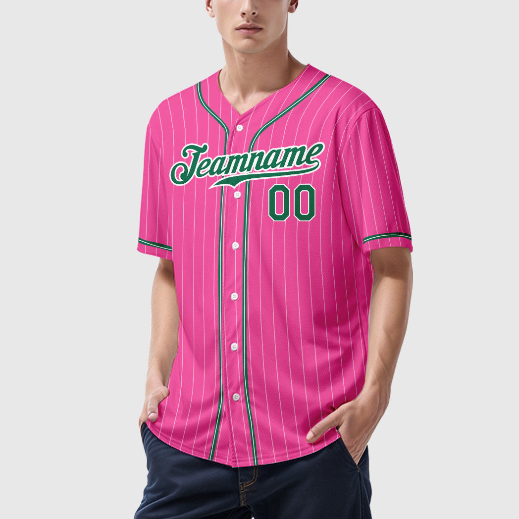 Custom Pink White Kelly Green Piping Pinstripe Baseball Jersey